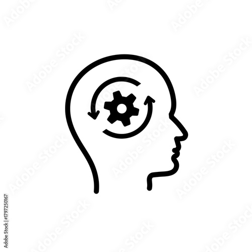 Human Head with Gear Process Line Icon. Cognitive Process Gear in Brain Outline. Thinking Mechanism and Mind Process Symbol. Brain Gear Concept for Intelligence and Analysis