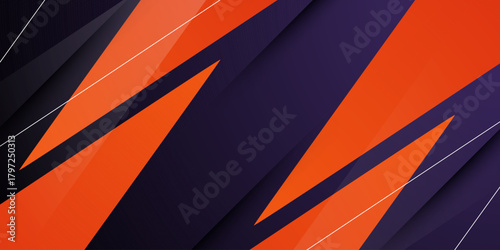 Abstract sporty banner background. Overlap triangle pattern design with shadow and lines. Dynamic orange color on dark purple background element concept.