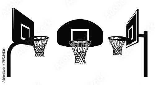 Three black and white basketball hoops arranged in a simple composition