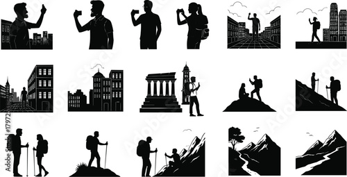 travel, exploration, silhouette, hiking, city, mountain, tourist, selfie, architecture, ruins, trekking, nature, photography, urban, adventure