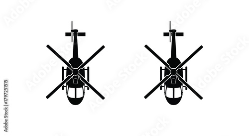 Two black silhouette helicopters viewed from directly above minimal design