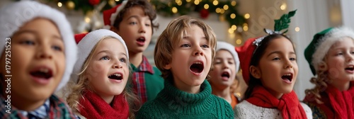 Diverse children singing christmas carols in festive attire during holiday celebration