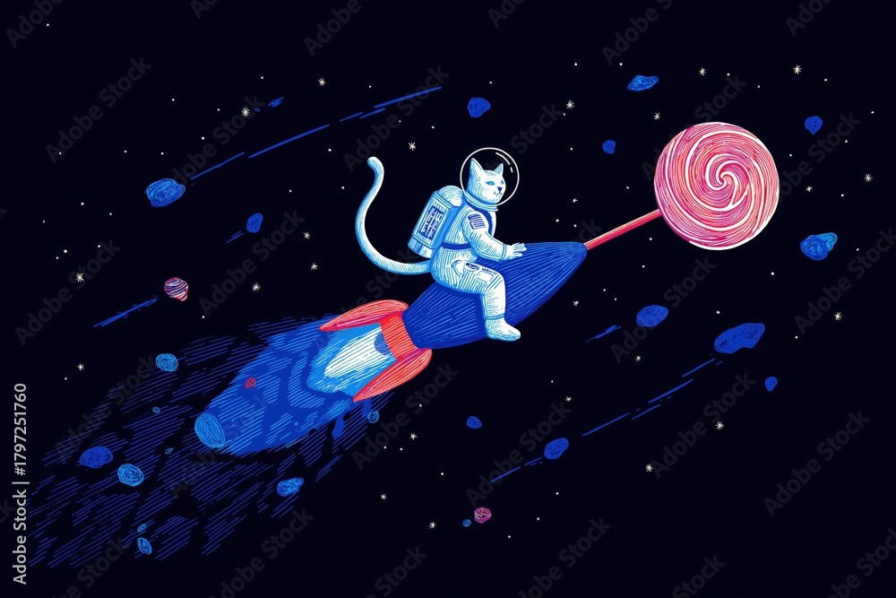 Fototapeta premium Cat astronaut riding rocket towards space lollipop among stars and planets