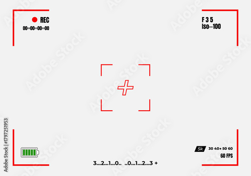 Minimal Camera Viewfinder Interface with Red Focus Frame, Recording Indicators, Battery Level Icon, and Digital Settings Overlay on Clean Light Background – Modern Photography UI Display Template