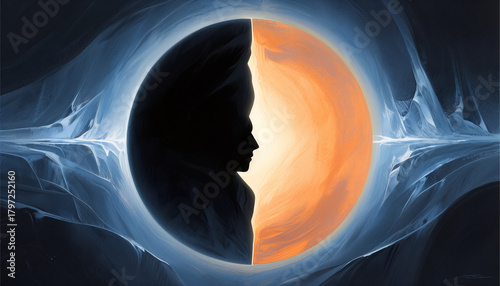 Abstract silhouette of a face with glowing background in blue and orange  