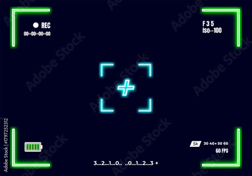 Minimal Camera Viewfinder Interface with Red Focus Frame, Recording Indicators, Battery Level Icon, and Digital Settings Overlay on Clean Light Background – Modern Photography UI Display Template