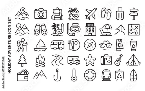 Holiday Adventure Icon Set. Summer Travel, Outdoor Activity and Camping Outline Vector Collection. Vacation and Global Journey Symbols.
