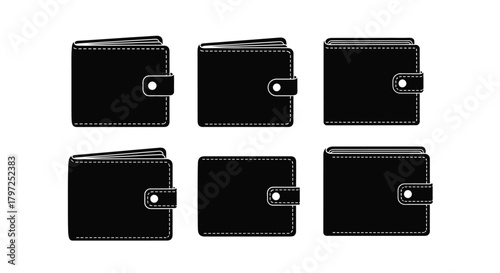 Six black leather wallets displayed in various open and closed positions