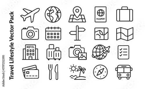 Travel Lifestyle Vector Pack. Tourism Planning, Holiday Journey and Adventure Outline Icons Set. Global Navigation and Vacation Essentials.