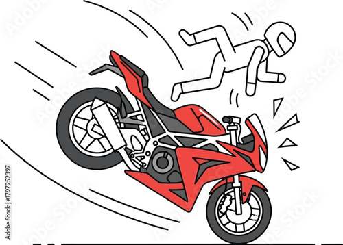 Motorcyclist falling off a red sportbike after losing control on a white background