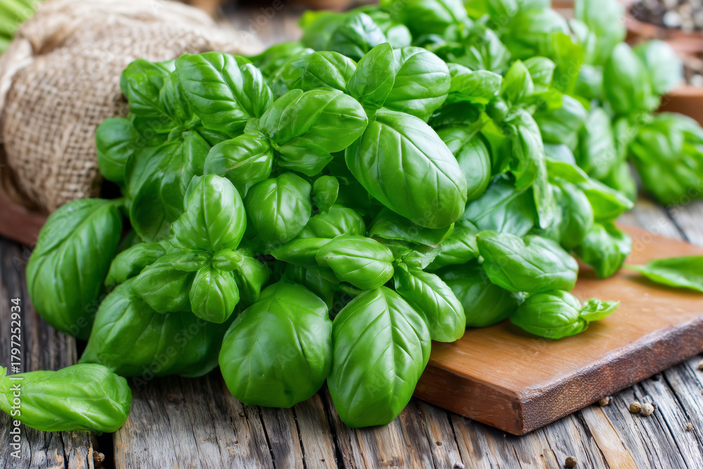 Fototapeta premium Green Basil Bouquet Closeup