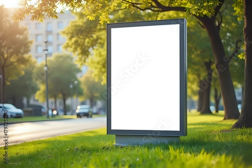 White vertical advertising poster on the grass. Blank banner in the park. Billboard in the city center mock up. Close-up in cinematic style with copy space