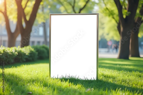 White vertical advertising poster on the grass. Blank banner in the park. Billboard in the city center mock up. Close-up in cinematic style with copy space
