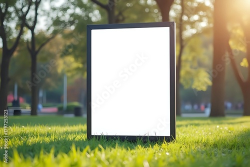 White vertical advertising poster on the grass. Blank banner in the park. Billboard in the city center mock up. Close-up in cinematic style with copy space