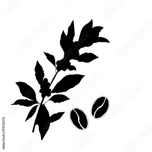 Floral Coffee Silhouette Vector Art. Botanical Coffee Cup and Beans Illustration. Elegant Coffee Branch Decor Icon. Minimalist Cafe Drink Silhouette with Leaves. Coffee Plant Decorative Outline Design