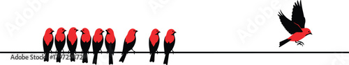 Stylized red black birds on wire, flying bird approaching group, community theme vector, cad drawing flat vector illustration