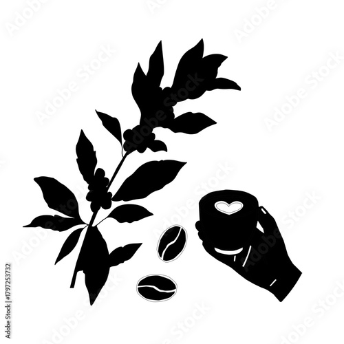 Floral Coffee Silhouette Vector Art. Botanical Coffee Cup and Beans Illustration. Elegant Coffee Branch Decor Icon. Minimalist Cafe Drink Silhouette with Leaves. Coffee Plant Decorative Outline Design