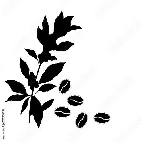 Floral Coffee Silhouette Vector Art. Botanical Coffee Cup and Beans Illustration. Elegant Coffee Branch Decor Icon. Minimalist Cafe Drink Silhouette with Leaves. Coffee Plant Decorative Outline Design