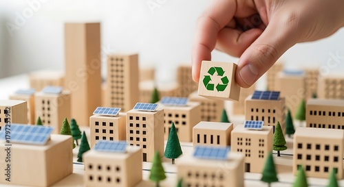 Hand placing a recycling symbol block onto a miniature city model with solar panels and trees