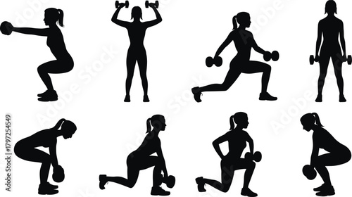 Fitness silhouette, dumbbell workout, strength training, exercise pose, black vector, athlete form, gym routine, isolated figure, sport icon, body movement