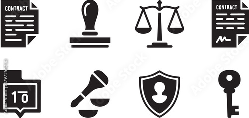 Law, justice, contract, security and administration vector icons