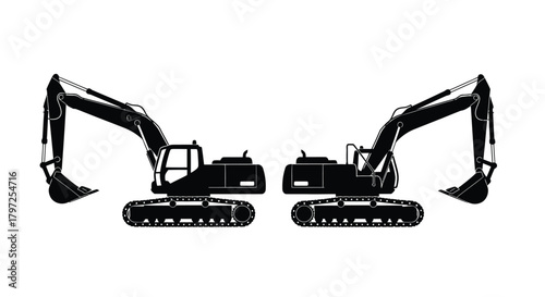 Two black silhouette excavators facing each other construction machinery design