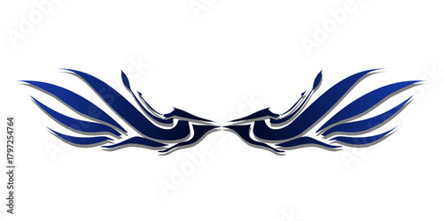 Symmetrical blue tribal wing design abstract graphic element.