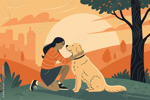 A tender moment young girl embraces her joyful golden retriever, bathed in the warm, vibrant hues of a serene sunset.