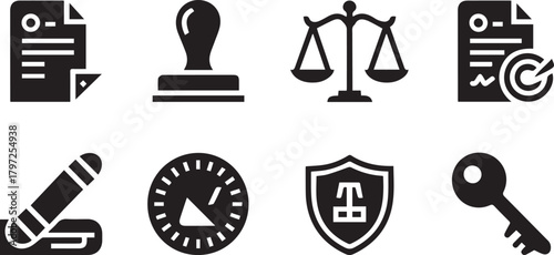 Legal, business, intellectual property, and security icons set