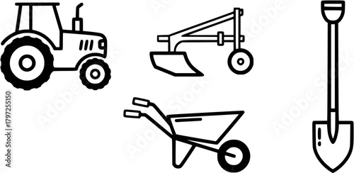 Farming Equipment Icons Set Tractor Plow Wheelbarrow Shovel Agriculture Tools Vector
