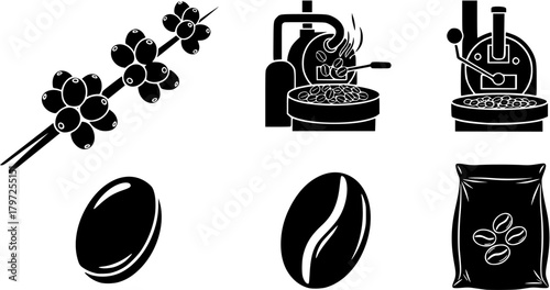 Coffee processing icon set raw material, processing, refined product, packaging steps
