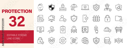 Protection icon set. Editable line icons. Vector illustration.