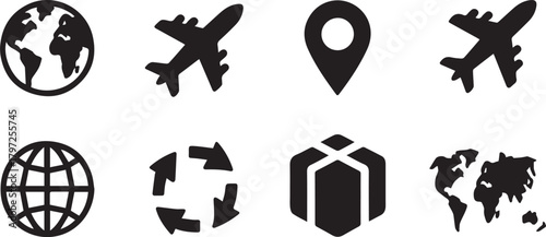 Worldwide travel, shipping, delivery, location, and global icons
