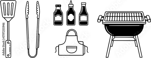 Barbecue tools set. Spatula, tongs, sauces, apron and grill. Kitchen utensils collection.
