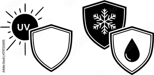 Weather Protection Icons Sun UV Freeze Snowflake Water Drop Shield Symbol Set
