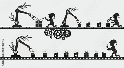 Elves and robots collaborate to create holiday gifts on a festive assembly line.