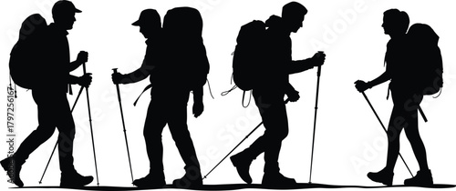 Hiker silhouette, trekking group, outdoor adventure, black vector, walking pose, backpack gear, nature activity, isolated figure, mountain trail, hiking team