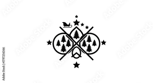 Whimsical Christmas emblem with Santa's sleigh and festive trees