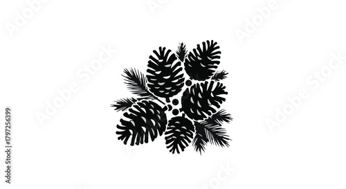 Rustic pine cones and evergreen branches on a clean white background