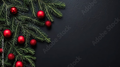 black chistmas background with branches of christmas tree and red balls, for holiday decorations and designs.