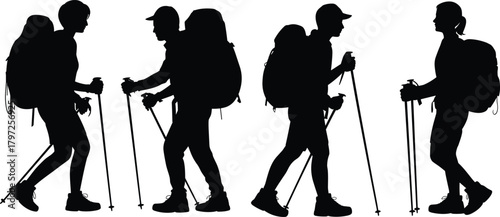 Hiker silhouette, trekking pole, outdoor gear, black vector, walking pose, backpack figure, nature activity, adventure icon, isolated person, hiking team
