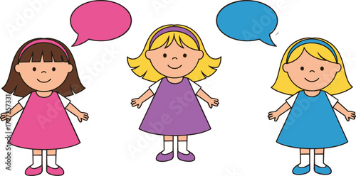 Cute cartoon three girls with colorful speech bubbles, happy children communication concept illustration for education, learning and classroom activities