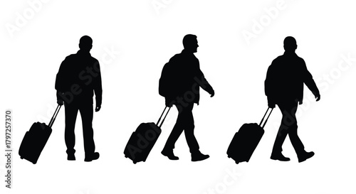 Three men with rolling luggage walking in a black silhouette style