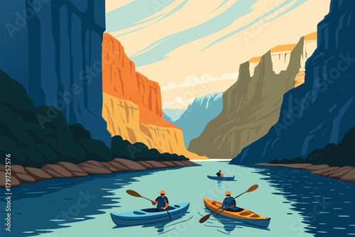 Flat vector illustration of diverse people kayaking together, navigating a narrow canyon river, showcasing adventure, friendship, and natural beauty.