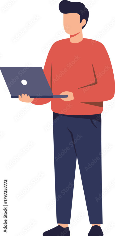 Obraz premium Young man holding laptop and working remotely, standing and typing, modern technology, freelance work, online communication and digital lifestyle