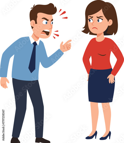 Illustration of angry man shouting at upset woman during argument, conflict communication and relationship misunderstanding concept cartoon style