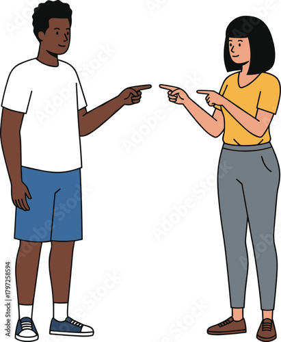 Man and woman pointing fingers at each other, disagreement and communication issue illustration showing confusion, misunderstanding and argument scene