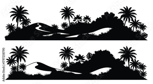 Silhouette of a tropical island landscape with palm trees and hills