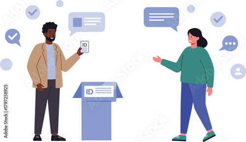People verifying identity with ID card, digital authentication process, secure communication and verification concept in modern flat vector illustration