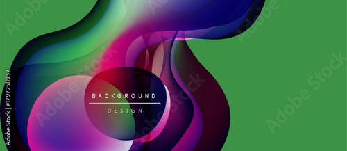 Abstract fluid shapes overlap, creating vibrant color gradients. Green backdrop complements dynamic design elements. Text reads background design.